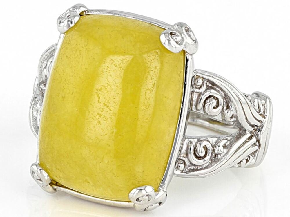 Pacific Style Yellow Jadeite Rhodium Over Polished 925 Sterling Silver Ring 7